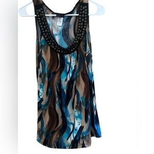 Agenda Blue and Tan Abstract Top
